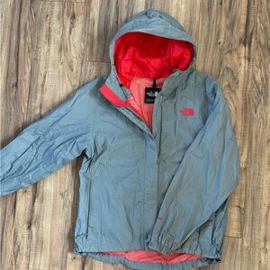 The North Face Gray and Red Raincoat with Hood and Full-Length Zipper